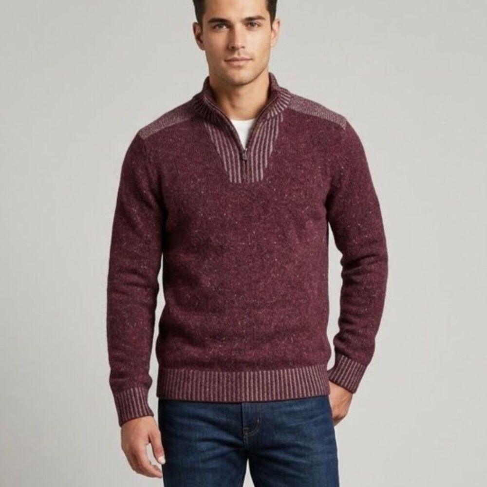 VTG Y2K Pronto Uono 100% Wool Burgundy Heather Knit Quarter-Zip Sweater SZ L